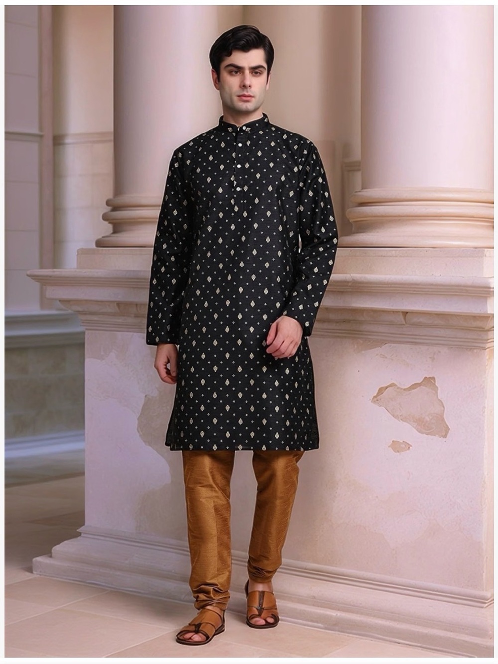 Men's Black Patterned Kurta Jacket - Elegant Ethnic Wear (Small)